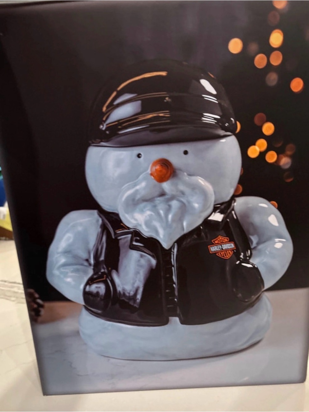 Harley-Davidson Black & White Biker Snowman Figurine with Orange Nose
